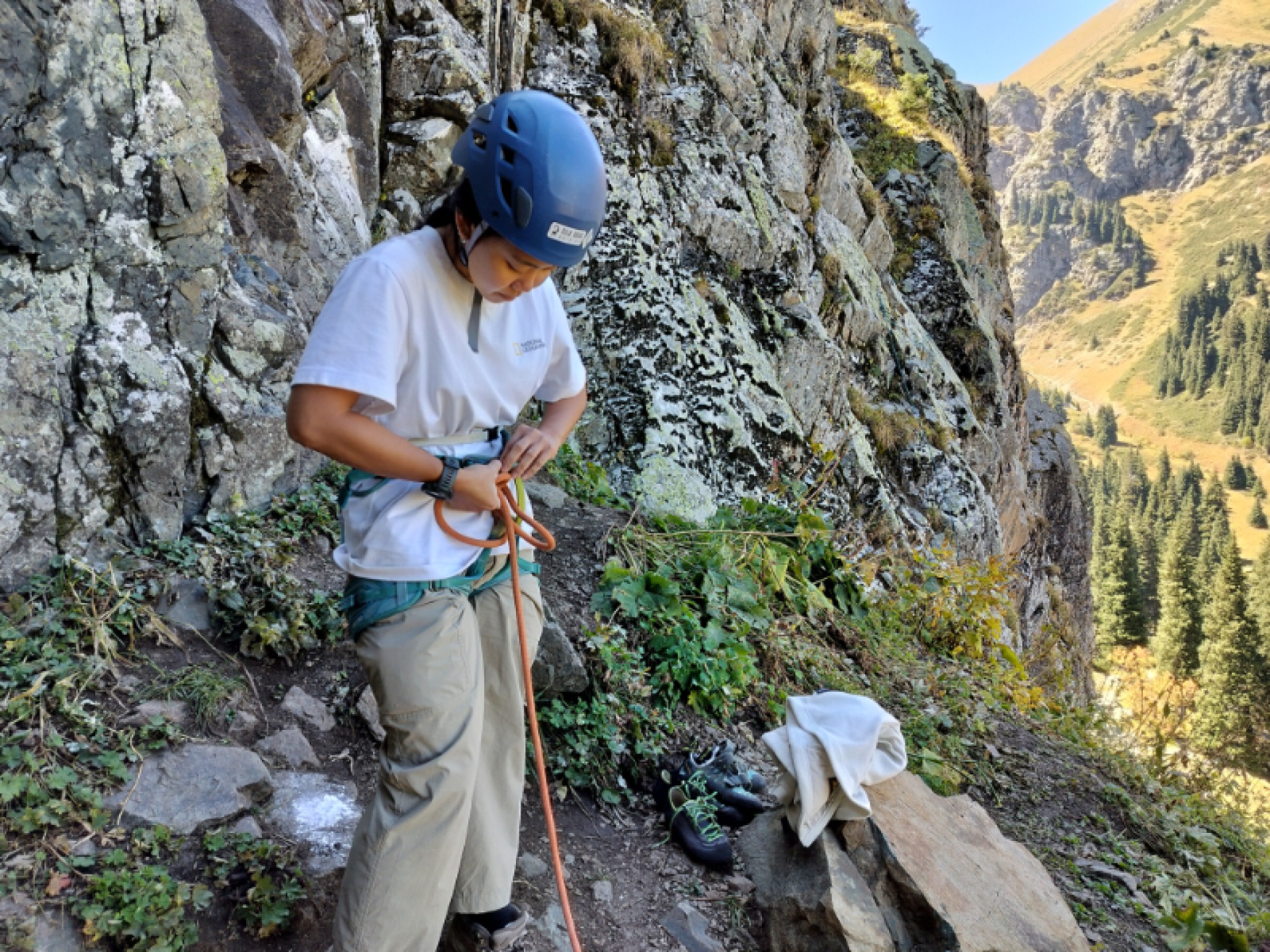Tying in to the rope before climbing