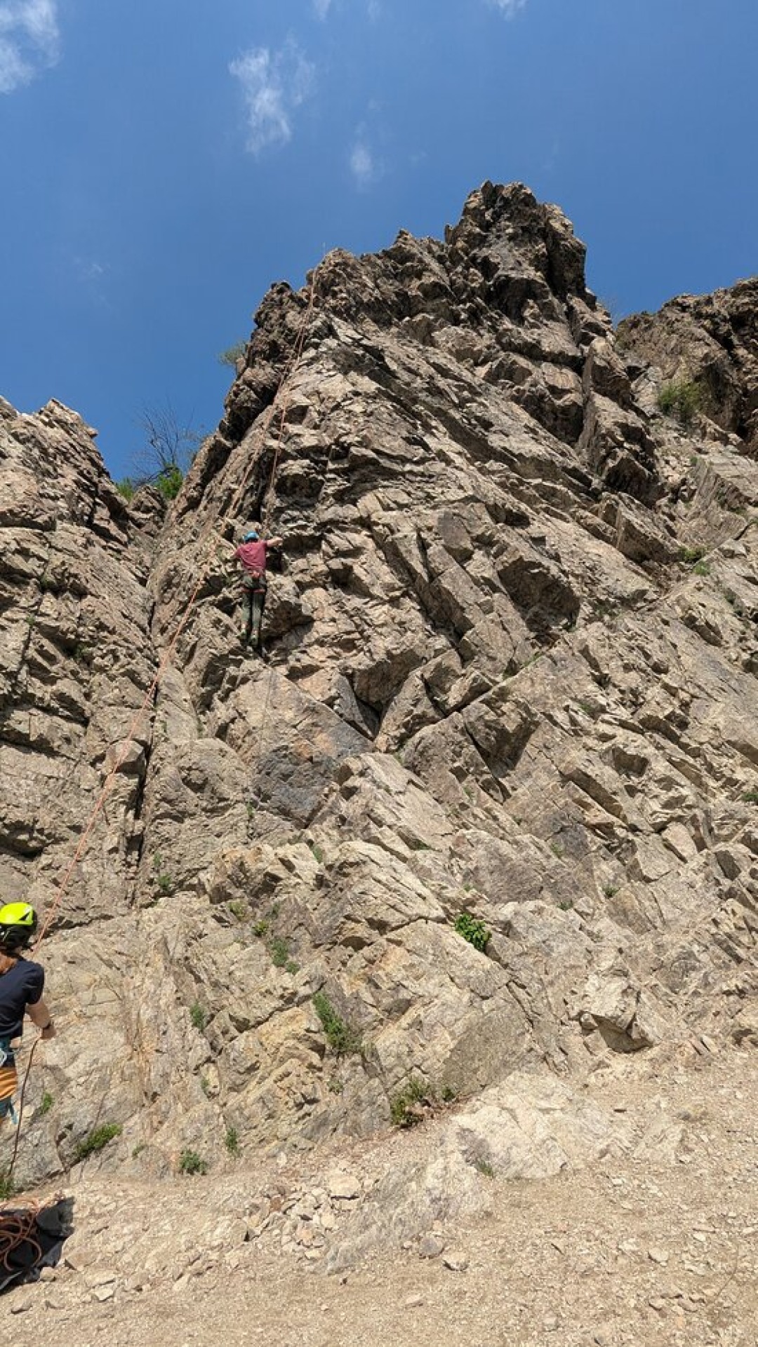 A climber top roping the route at Lesnichestvo rocks