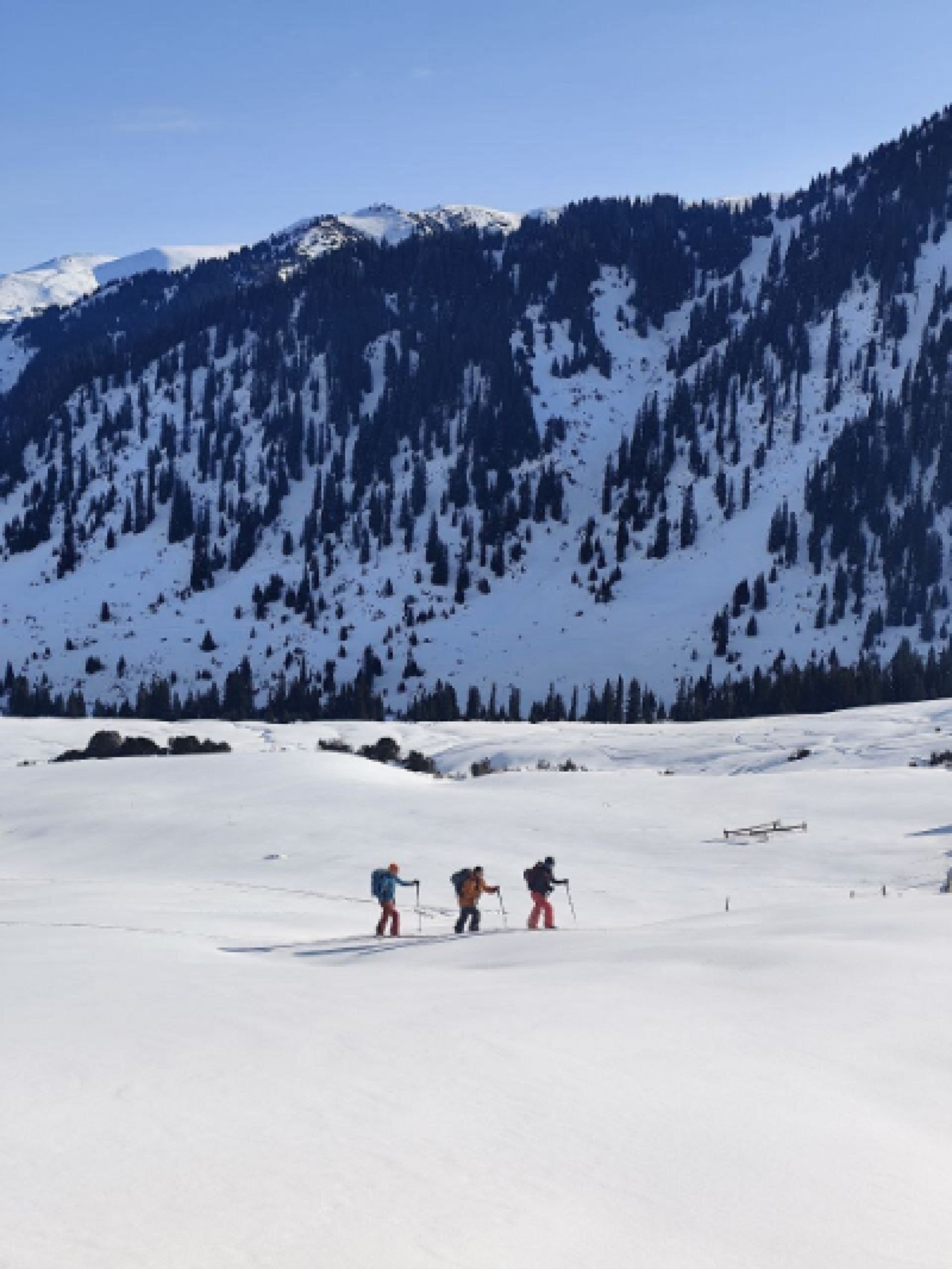 A group of skitourers in the mountains of Kyrgyzstan
